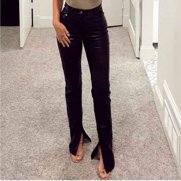 Zara Black Faux Leather High Rise Straight Leg Split Ankle Hem Pants - Picture 8 of 8
